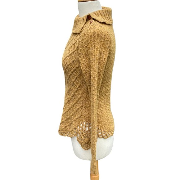 Moth Wool Cable Knit Crochet Asymmetrical Hem Sweater Mustard Artsy Rosette-S - Picture 7 of 16